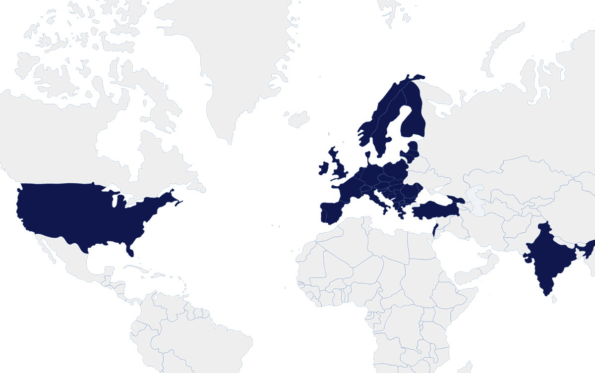Global coverage map highlighting North America, Europe, and India